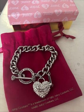 Juicy Couture Silver Tone Chain Bracelet with Crystal Heart Charm